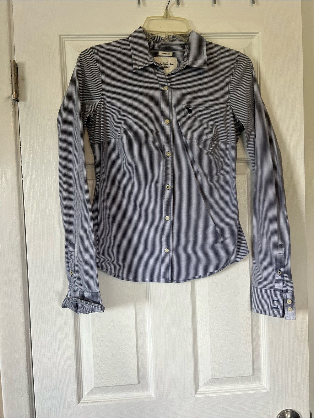 Abercrombie & Fitch Women's Blue and White Pinstripe Button-Down Shirt